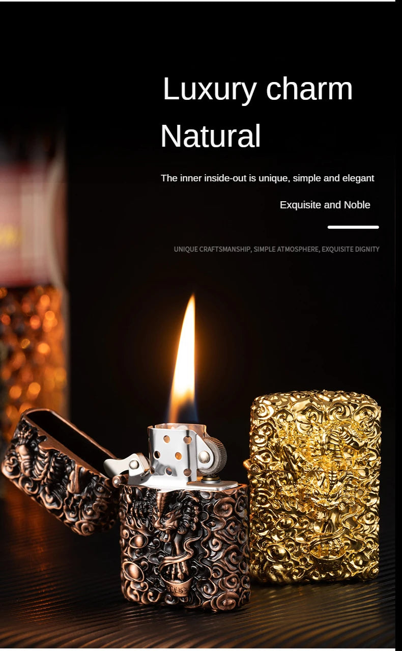 Heavy Craftsmanship Relief Grinding Wheel Open Flame Lighter Vintage Retro Three-dimensional Relief Metal Shell Men's Gift