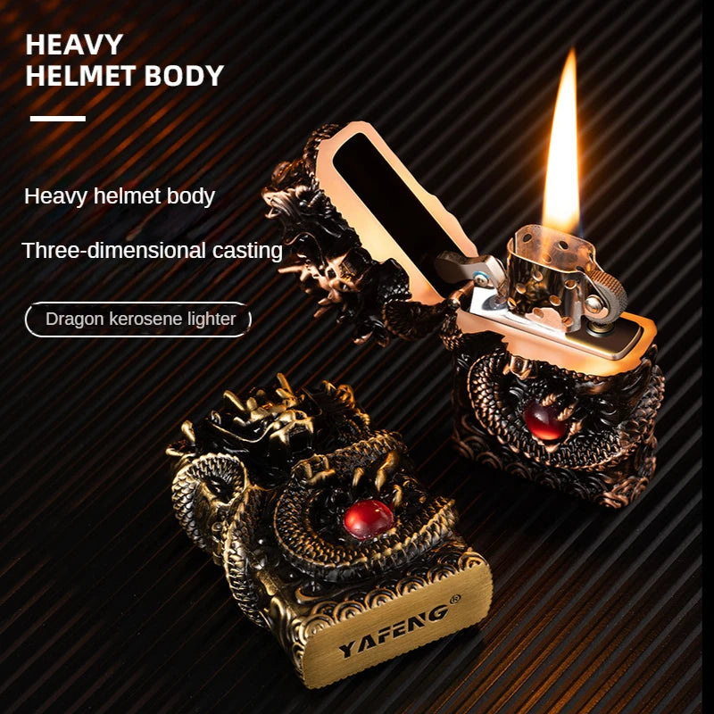 Heavy Craftsmanship Relief Grinding Wheel Open Flame Lighter Vintage Retro Three-dimensional Relief Metal Shell Men's Gift