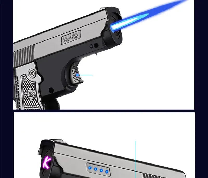 New Windproof Gas-Electric Plasma Type C USB Rechargable Lighter Gift Men Folding Gun Butane Torch Turbo Jet Flame Cigar Lighter