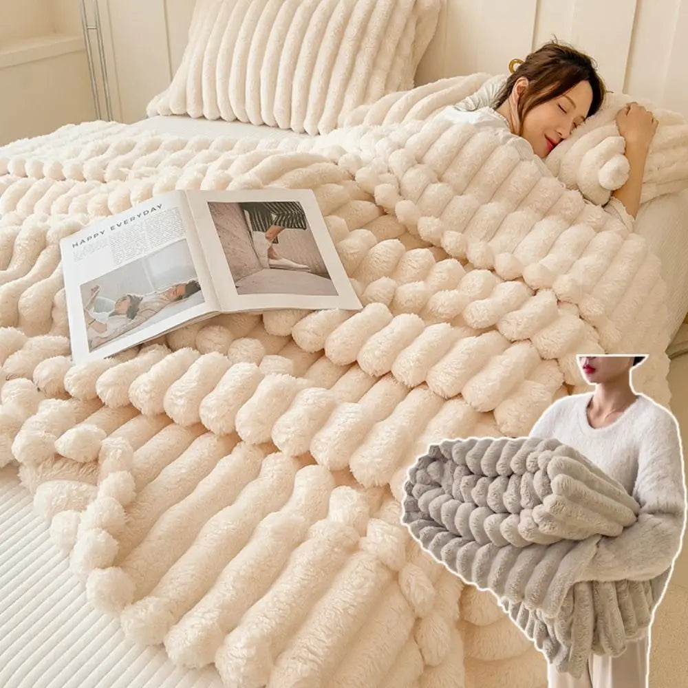 New Double Sided Warm Blanket Warm Breathable Throw Blanket Skin-Friendly Solid Color Striped Blankets