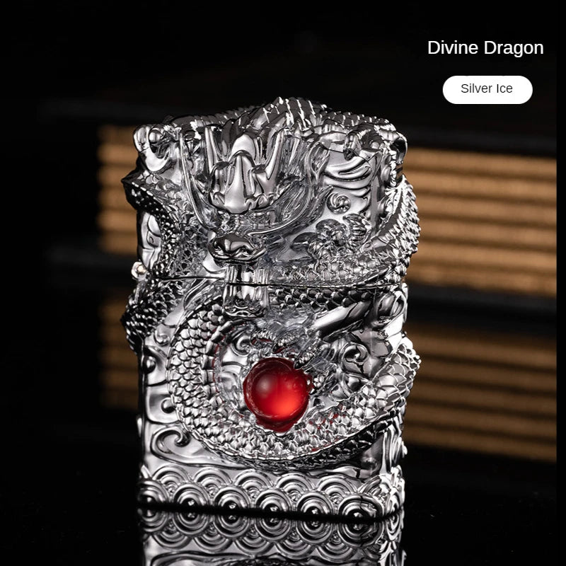 Heavy Craftsmanship Relief Grinding Wheel Open Flame Lighter Vintage Retro Three-dimensional Relief Metal Shell Men's Gift