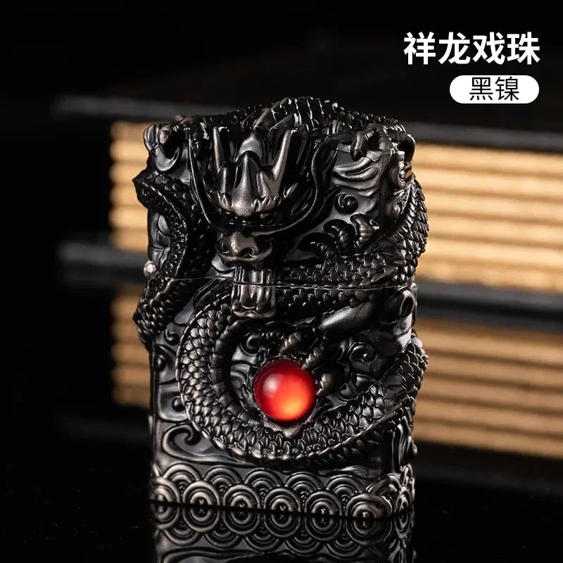 Heavy Craftsmanship Relief Grinding Wheel Open Flame Lighter Vintage Retro Three-dimensional Relief Metal Shell Men's Gift
