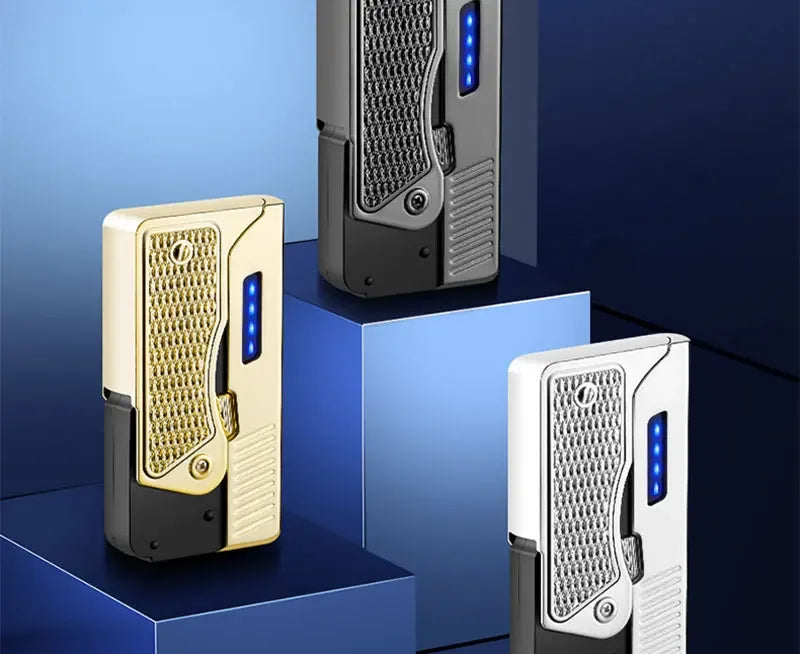 New Windproof Gas-Electric Plasma Type C USB Rechargable Lighter Gift Men Folding Gun Butane Torch Turbo Jet Flame Cigar Lighter