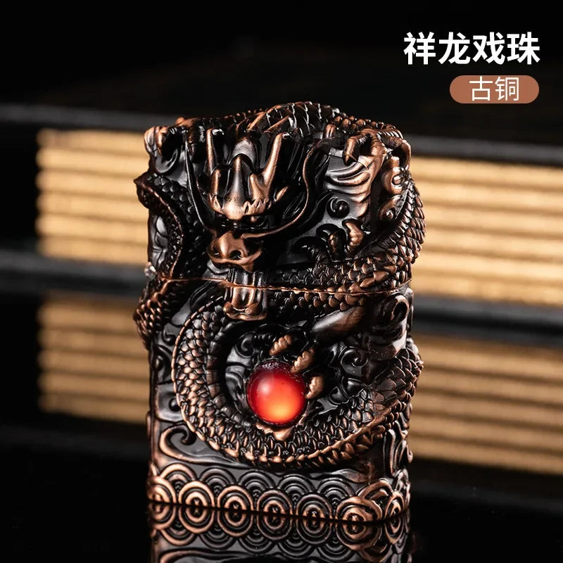 Heavy Craftsmanship Relief Grinding Wheel Open Flame Lighter Vintage Retro Three-dimensional Relief Metal Shell Men's Gift