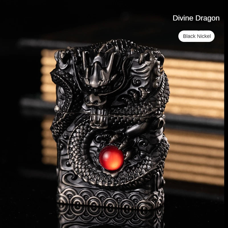 Heavy Craftsmanship Relief Grinding Wheel Open Flame Lighter Vintage Retro Three-dimensional Relief Metal Shell Men's Gift