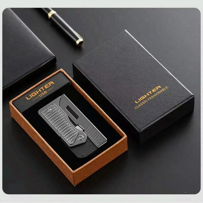 New Windproof Gas-Electric Plasma Type C USB Rechargable Lighter Gift Men Folding Gun Butane Torch Turbo Jet Flame Cigar Lighter