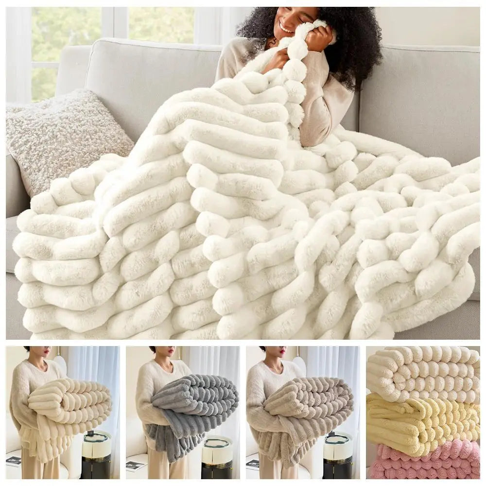 New Double Sided Warm Blanket Warm Breathable Throw Blanket Skin-Friendly Solid Color Striped Blankets