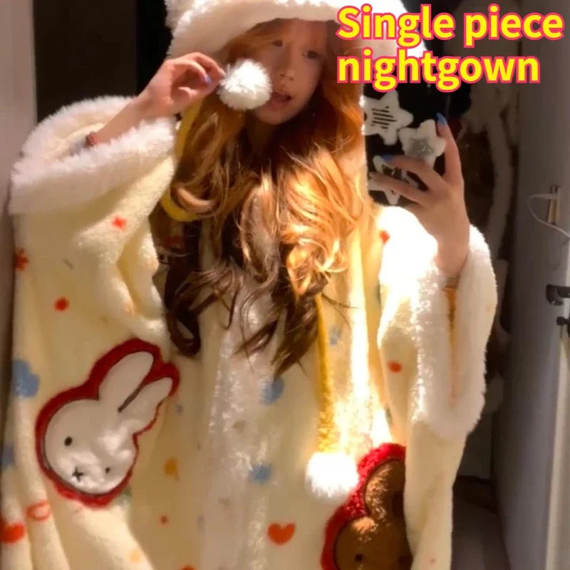 Miffy Kawaii Anime Coral Fleece Hooded Cloak Nightgown Girls Plus Velvet Thicken Keep Warm Pajamas Wear Outside Lounge Clothes