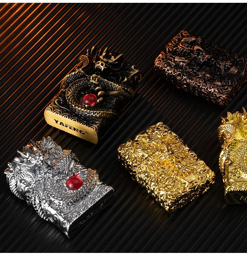 Heavy Craftsmanship Relief Grinding Wheel Open Flame Lighter Vintage Retro Three-dimensional Relief Metal Shell Men's Gift