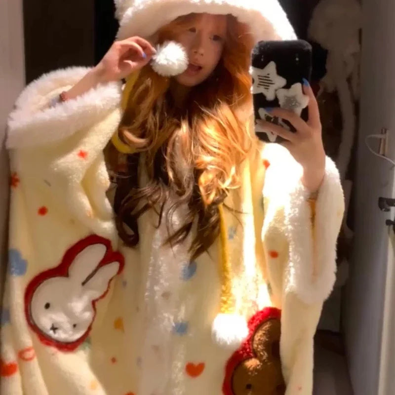 Miffy Kawaii Anime Coral Fleece Hooded Cloak Nightgown Girls Plus Velvet Thicken Keep Warm Pajamas Wear Outside Lounge Clothes