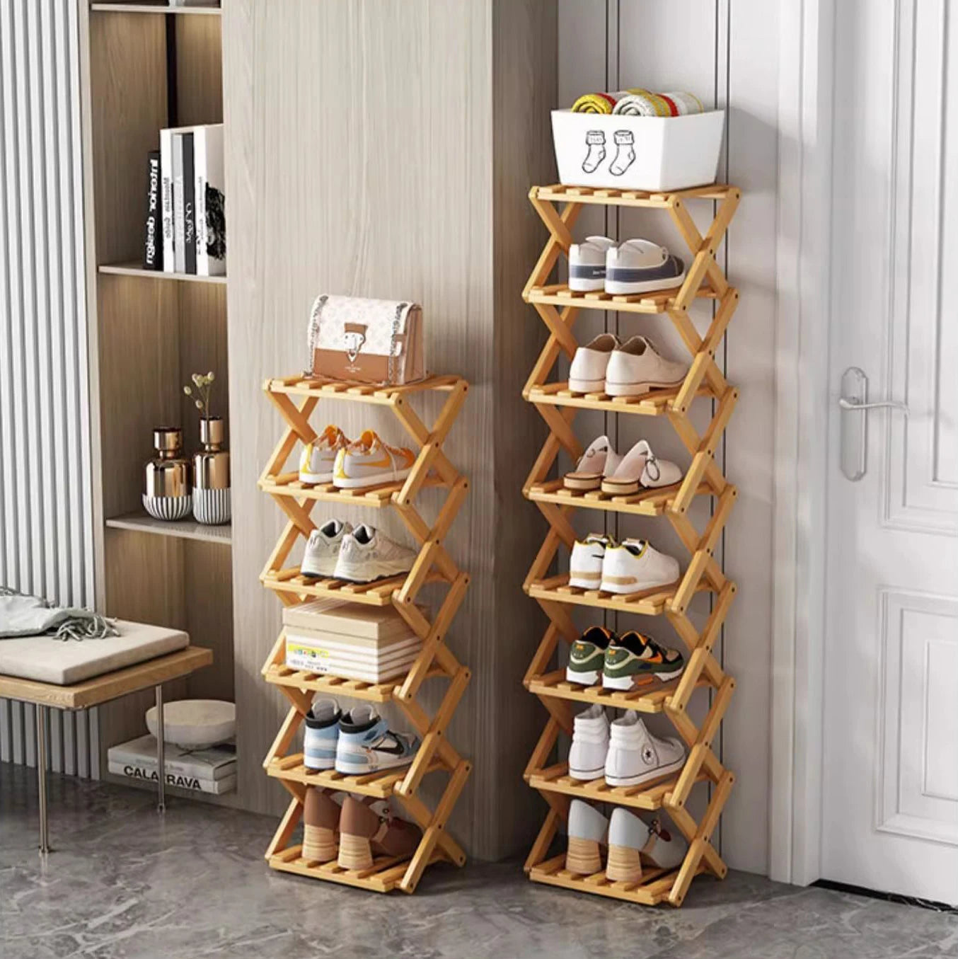 2-9 Tiers Bamboo Shoe Rack Without Installation Small Shoe Rack, Foldable Shoe Storage Rack, Shoe Organizer for Entryway