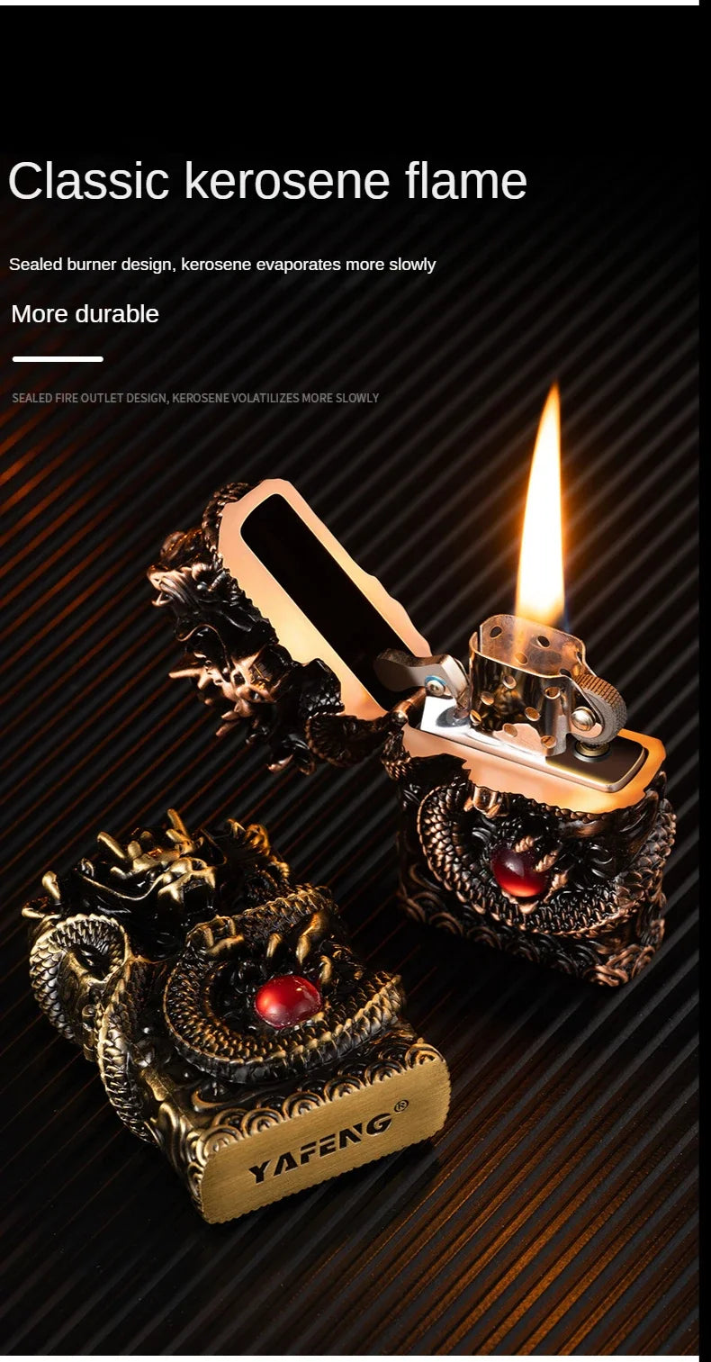 Heavy Craftsmanship Relief Grinding Wheel Open Flame Lighter Vintage Retro Three-dimensional Relief Metal Shell Men's Gift