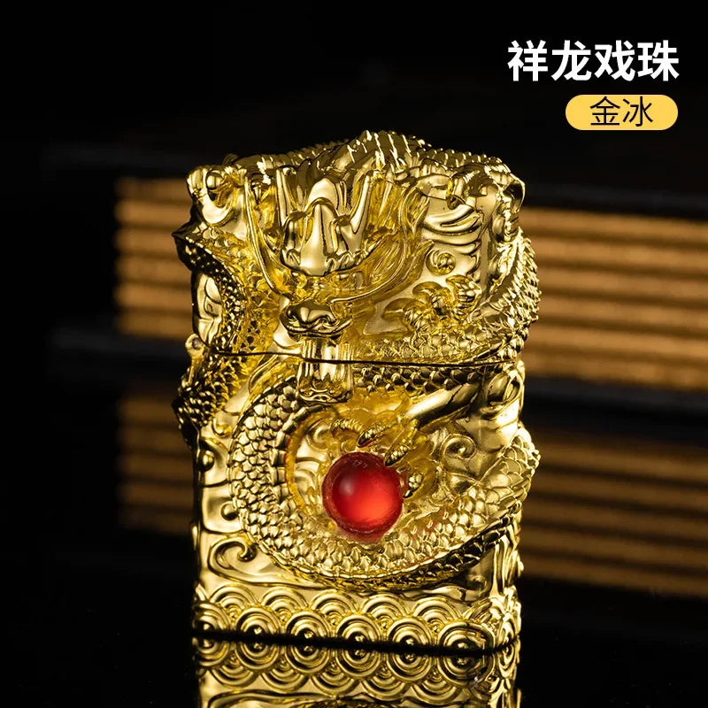 Heavy Craftsmanship Relief Grinding Wheel Open Flame Lighter Vintage Retro Three-dimensional Relief Metal Shell Men's Gift