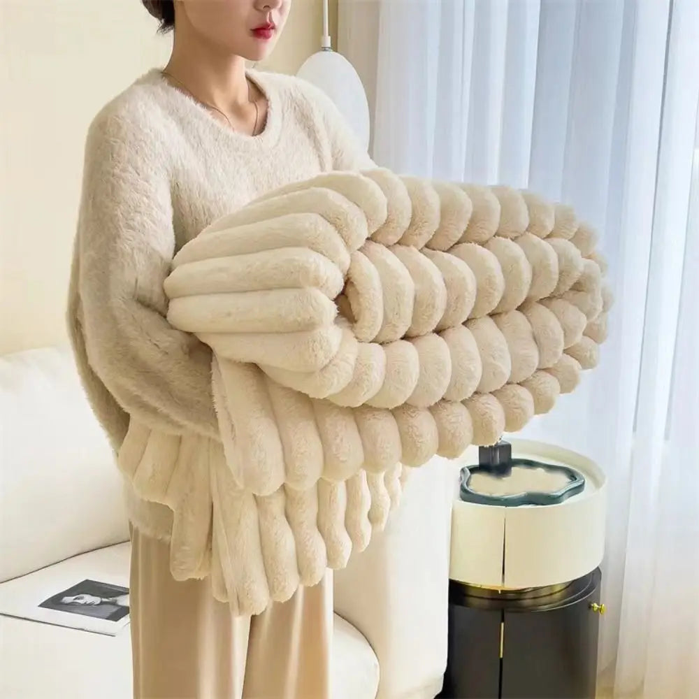 New Double Sided Warm Blanket Warm Breathable Throw Blanket Skin-Friendly Solid Color Striped Blankets