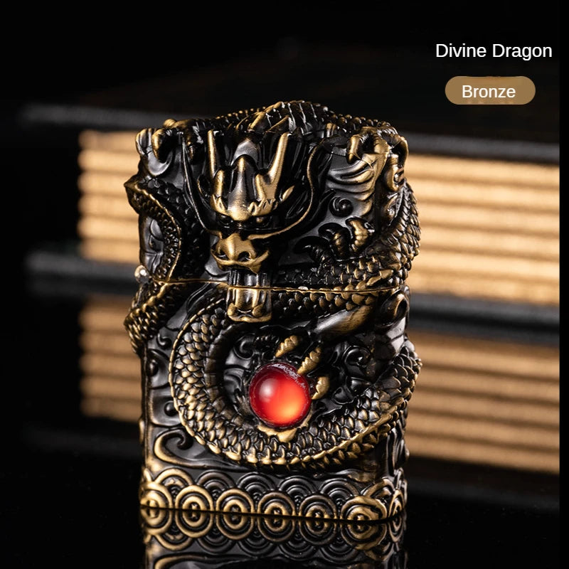 Heavy Craftsmanship Relief Grinding Wheel Open Flame Lighter Vintage Retro Three-dimensional Relief Metal Shell Men's Gift