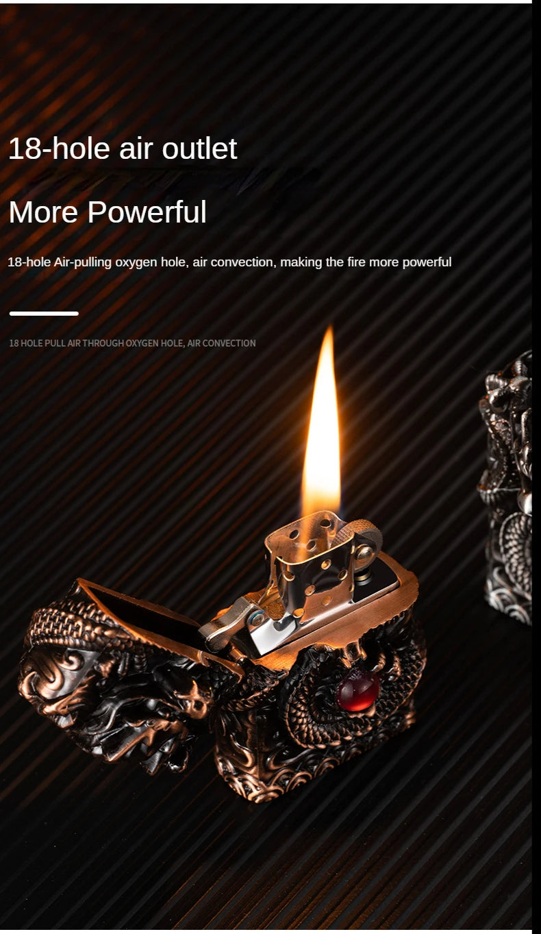 Heavy Craftsmanship Relief Grinding Wheel Open Flame Lighter Vintage Retro Three-dimensional Relief Metal Shell Men's Gift