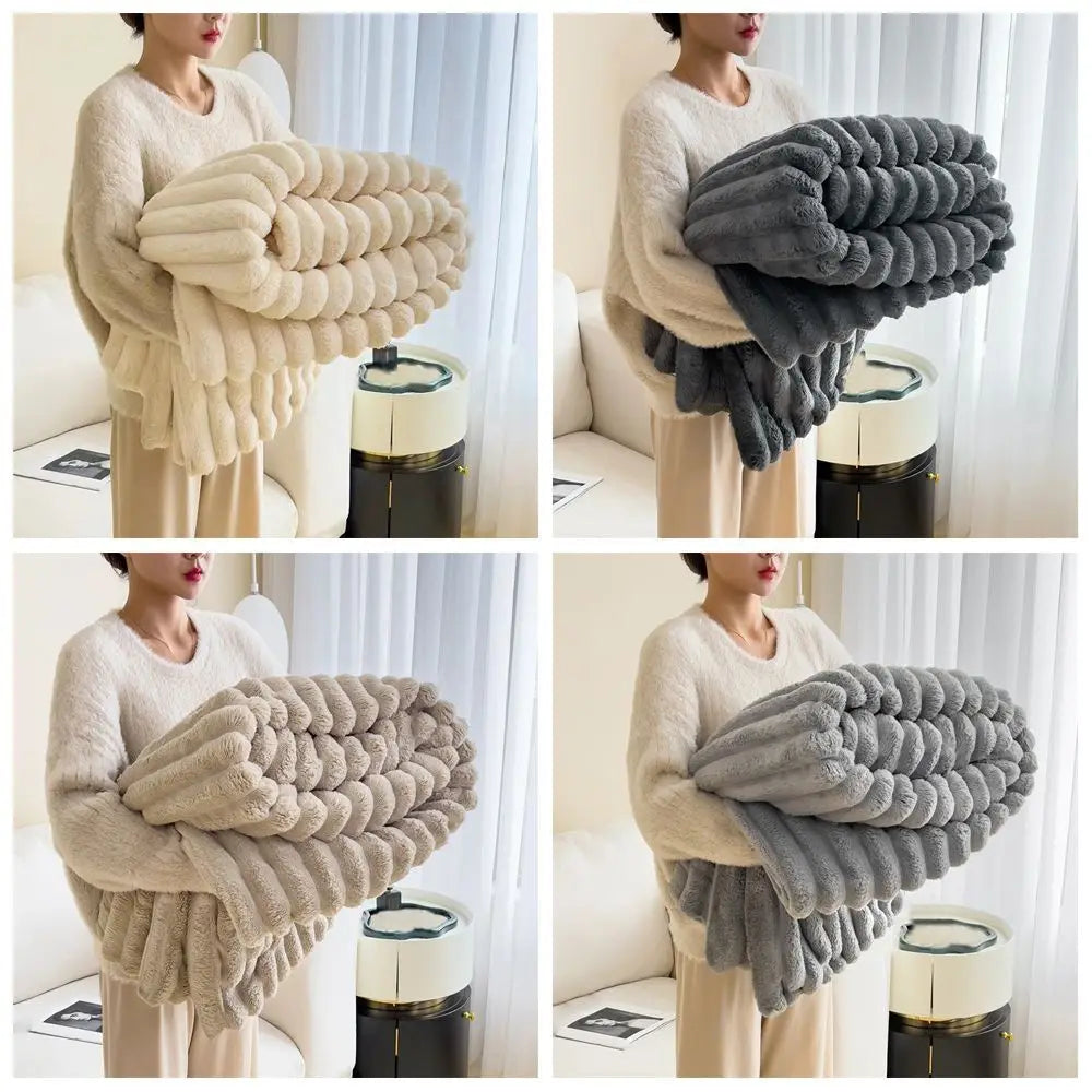 New Double Sided Warm Blanket Warm Breathable Throw Blanket Skin-Friendly Solid Color Striped Blankets