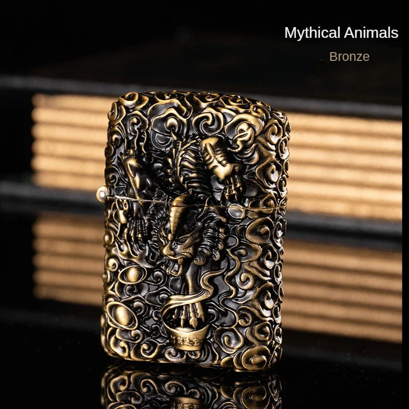 Heavy Craftsmanship Relief Grinding Wheel Open Flame Lighter Vintage Retro Three-dimensional Relief Metal Shell Men's Gift
