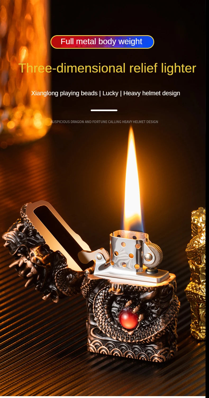 Heavy Craftsmanship Relief Grinding Wheel Open Flame Lighter Vintage Retro Three-dimensional Relief Metal Shell Men's Gift