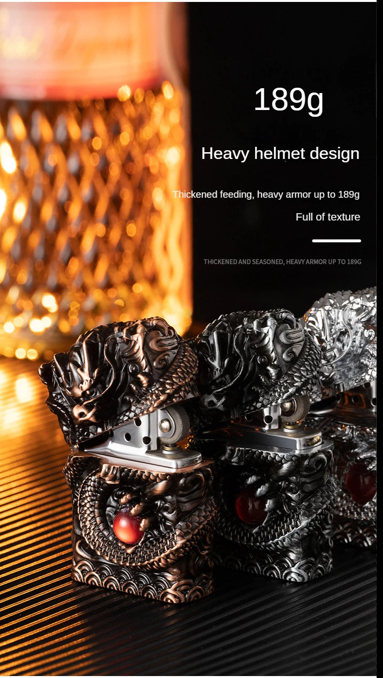 Heavy Craftsmanship Relief Grinding Wheel Open Flame Lighter Vintage Retro Three-dimensional Relief Metal Shell Men's Gift