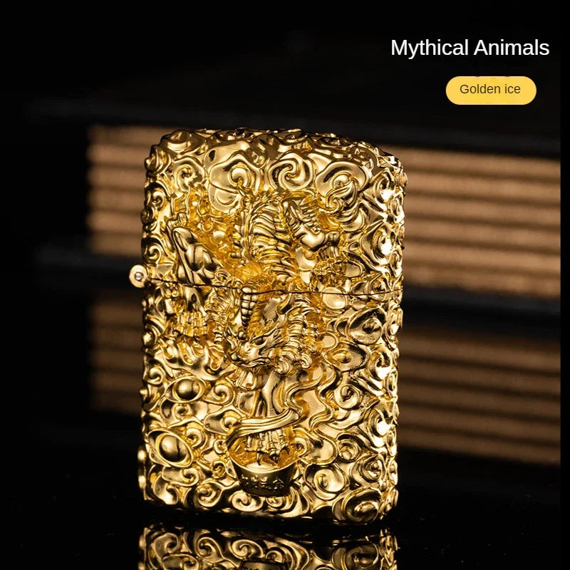 Heavy Craftsmanship Relief Grinding Wheel Open Flame Lighter Vintage Retro Three-dimensional Relief Metal Shell Men's Gift
