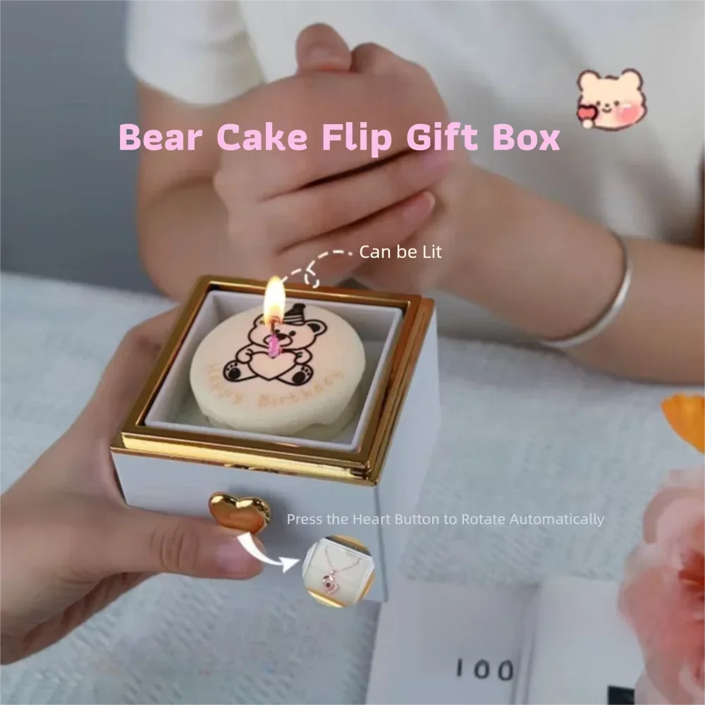 Automatic Flip Bear Flip Ring Box Spinning Design Surprise Mechanism Surprise Jewelry Box Light Candles Rotating Ring Case