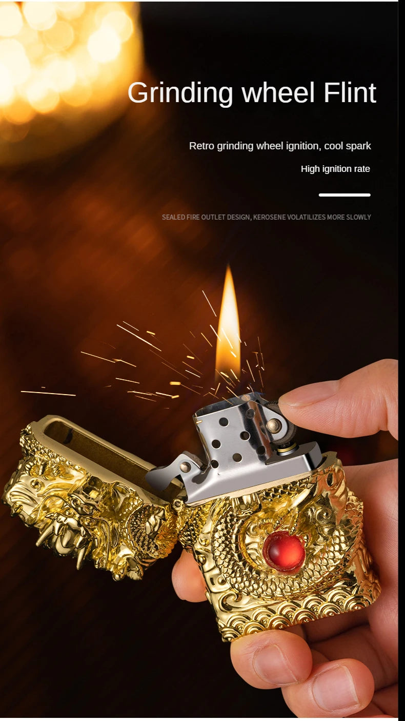 Heavy Craftsmanship Relief Grinding Wheel Open Flame Lighter Vintage Retro Three-dimensional Relief Metal Shell Men's Gift