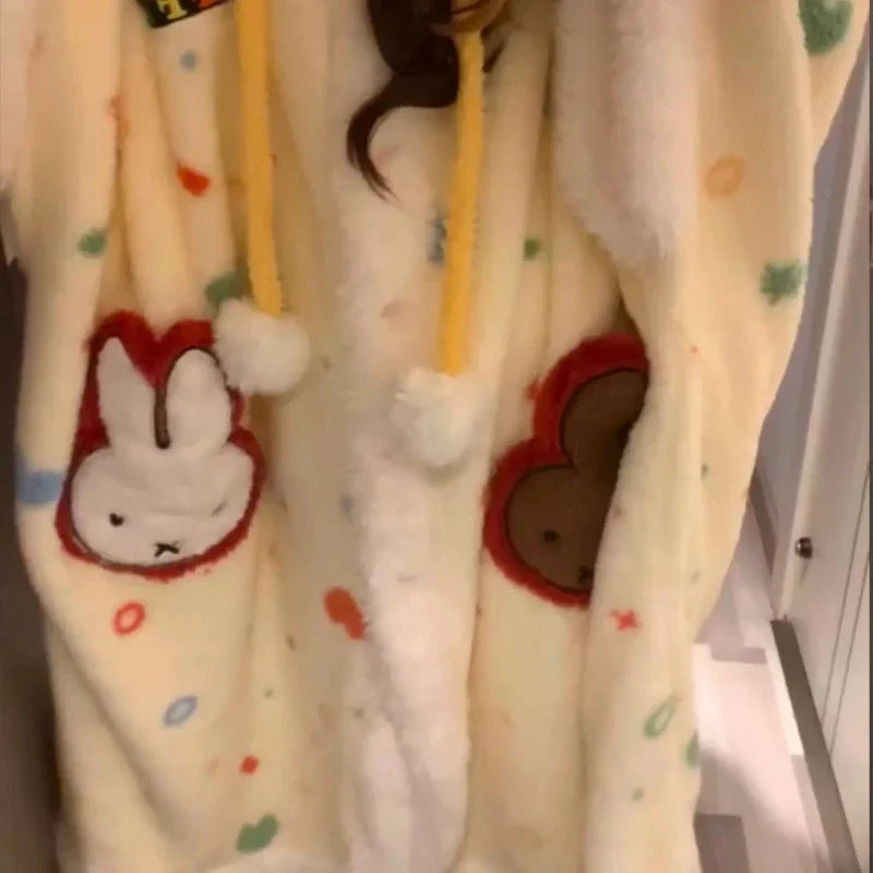 Miffy Kawaii Anime Coral Fleece Hooded Cloak Nightgown Girls Plus Velvet Thicken Keep Warm Pajamas Wear Outside Lounge Clothes