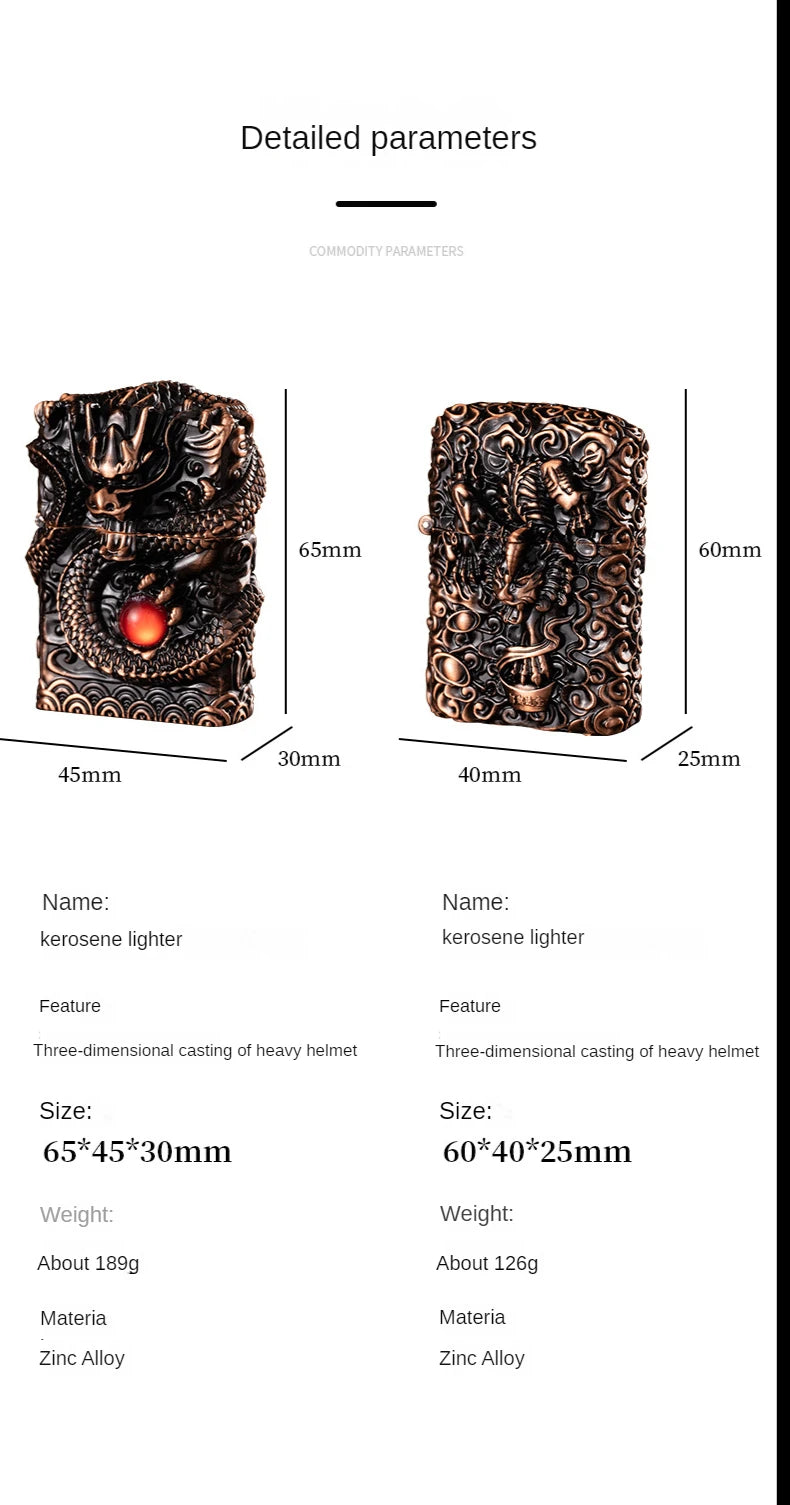 Heavy Craftsmanship Relief Grinding Wheel Open Flame Lighter Vintage Retro Three-dimensional Relief Metal Shell Men's Gift