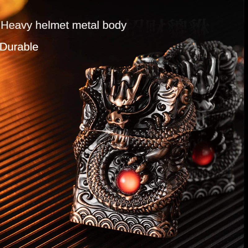 Heavy Craftsmanship Relief Grinding Wheel Open Flame Lighter Vintage Retro Three-dimensional Relief Metal Shell Men's Gift