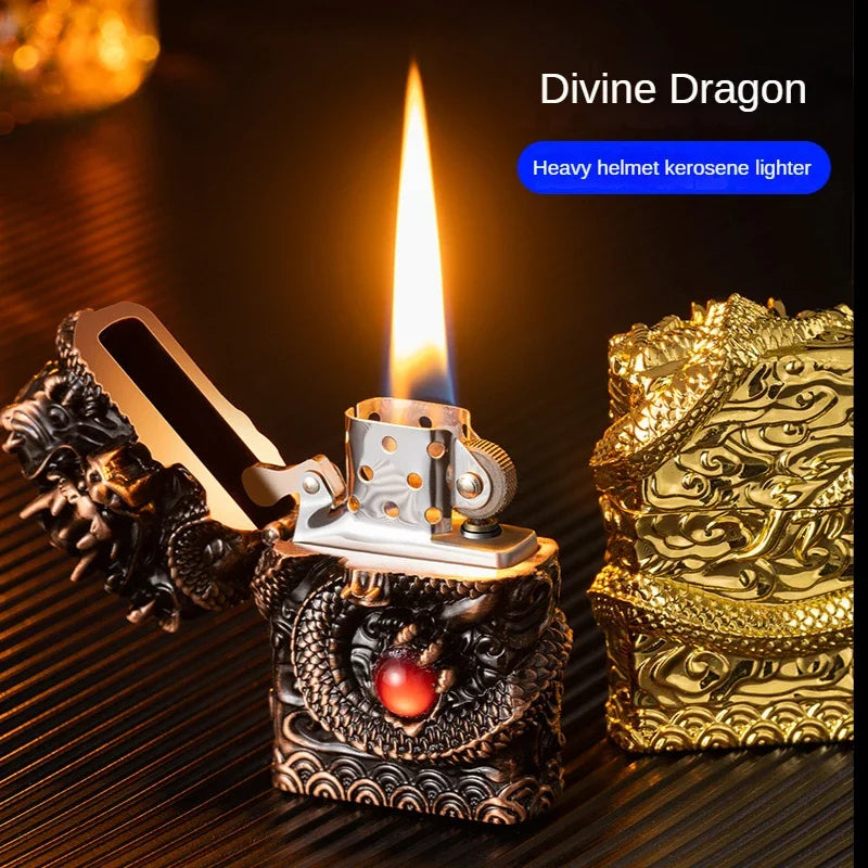 Heavy Craftsmanship Relief Grinding Wheel Open Flame Lighter Vintage Retro Three-dimensional Relief Metal Shell Men's Gift