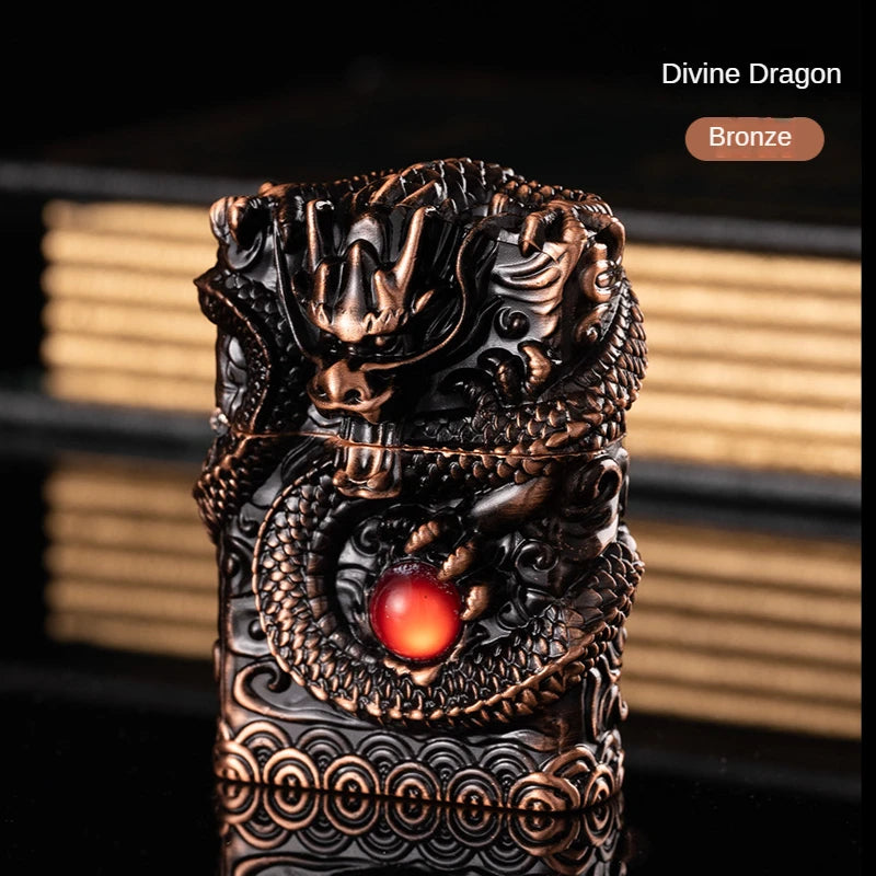 Heavy Craftsmanship Relief Grinding Wheel Open Flame Lighter Vintage Retro Three-dimensional Relief Metal Shell Men's Gift